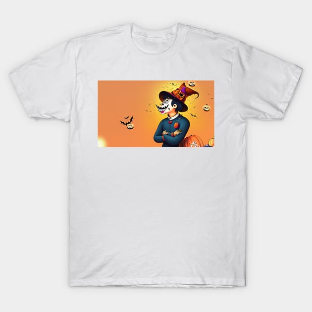 Cartoon man in witch hat surrounded by pumpkins T-Shirt by Tee Trendz